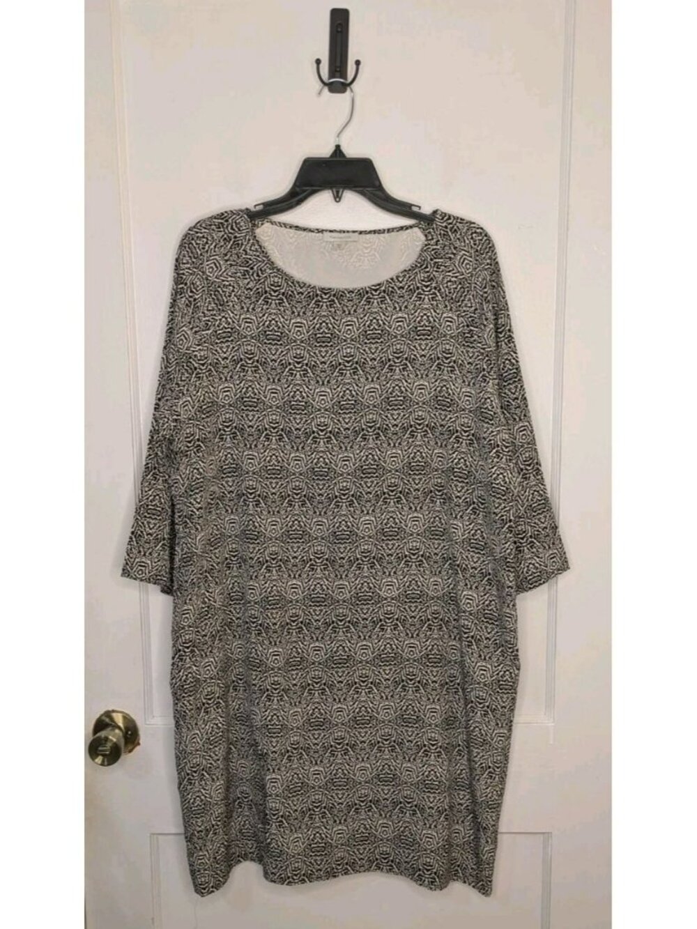 Garnet Hill Silk Shift Dress Womens Size 14 Black White Lined 3/4 Sleeve
